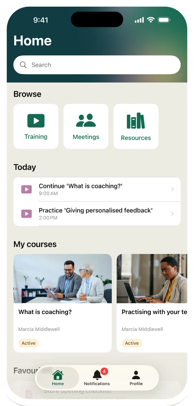 The RedSeed Mobile home screen: a search box, Browse tiles for Training, Meetings and Resources, a Today list of what is due, and My courses.