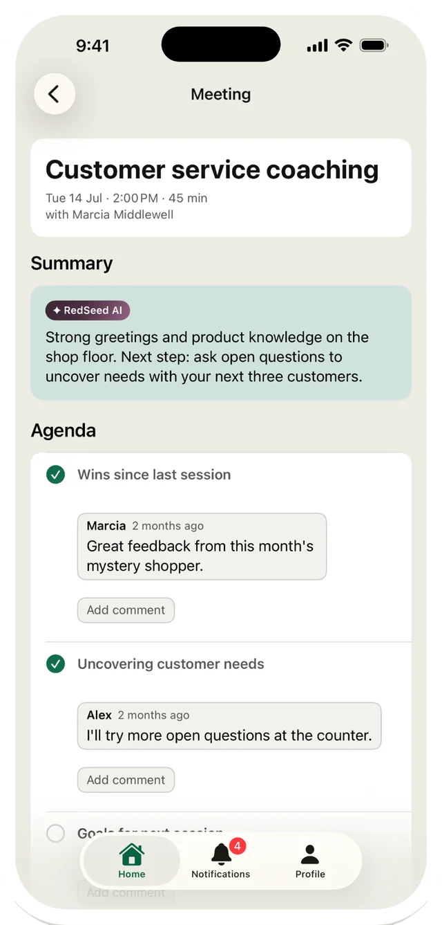 A single meeting, showing its summary written by RedSeed AI and an agenda with comments from both people.
