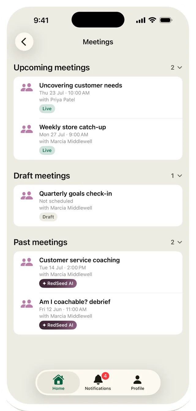 The Meetings screen, listing upcoming, draft and past coaching meetings.