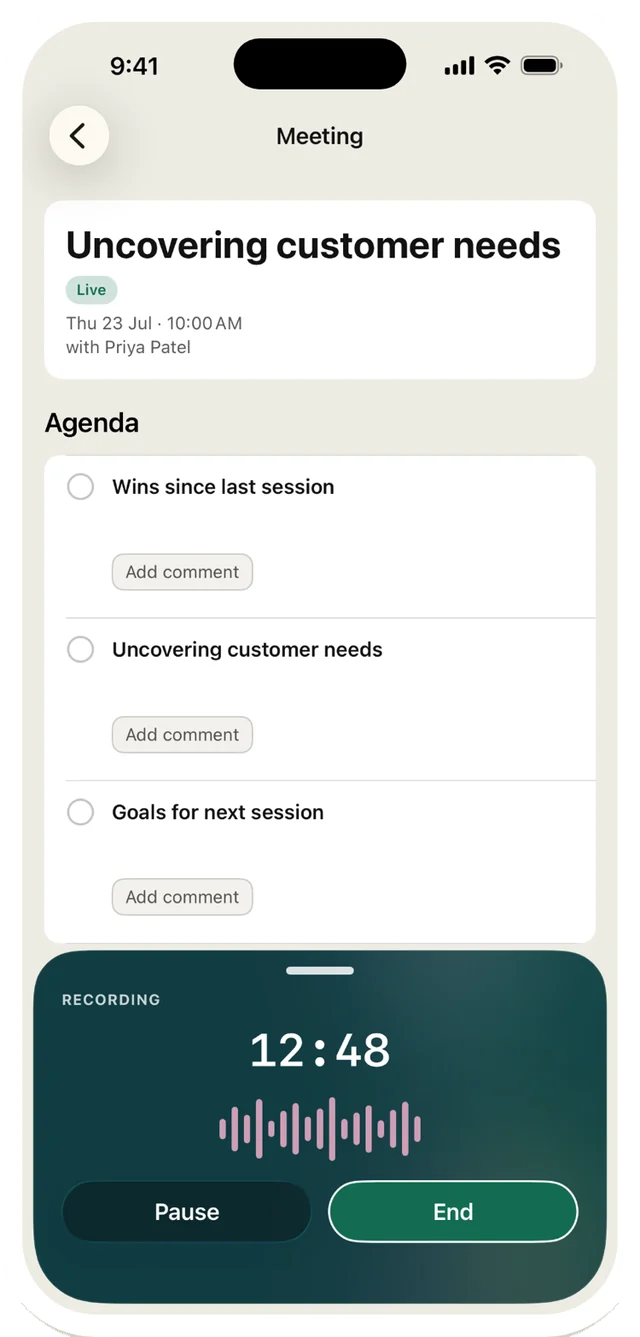 A meeting being recorded in the app, with a running timer, a live waveform, and Pause and End buttons.