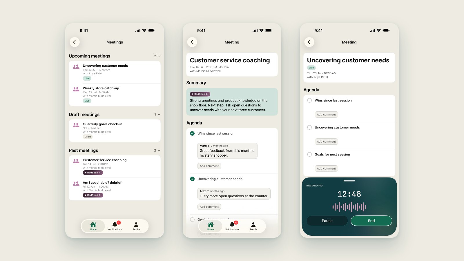 Three RedSeed screens on iPhone: the list of meetings, a meeting with its agenda and summary, and a meeting being recorded